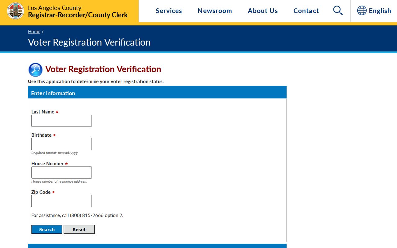 Bell Gardens voter registration lookup fields on the LA County voter status page